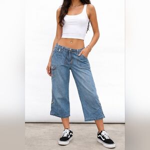 Y2K Baggy Denim Capri Pants Low Rise Fit Wide Leg Cargo Style Size 10